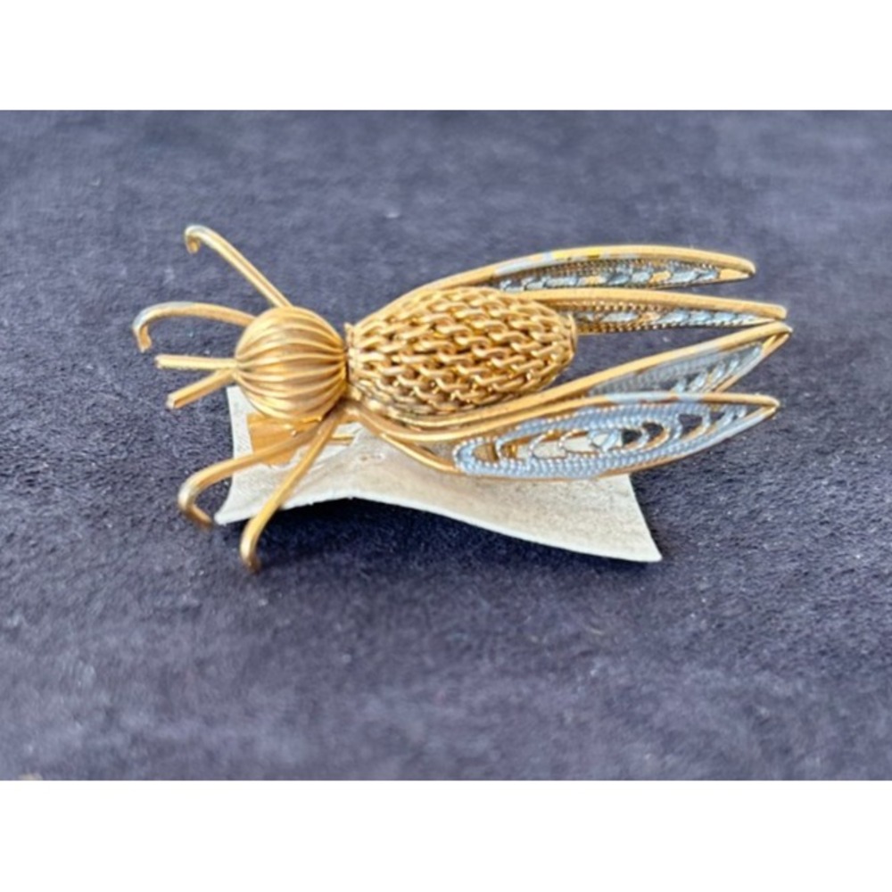 NOS Vintage Gilded Filigree Insect Brooch New on Original Card Trembler Fly Pin